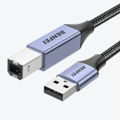 Image of BENFEI USB Printer Cable, 6.6FT/2 Meter A to B Cable for HP, Canon, Brother, Dell, Epson, Lexmark, Xerox, Grey
