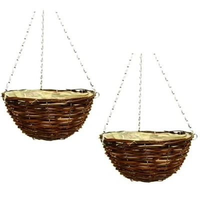 Image of Fyne Finds Set of 2 Dark Brown Wicker Hanging Basket Lined Rattan Willow Planter 25cm, 10inch