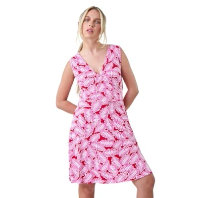 Image of Roman Petite Leaf Print Stretch Wrap Dress for Women UK Ladies Everyday Holiday Spring Summer V Neckline Comfy Soft Evening Vacation Work Party Fuchsia Size 14