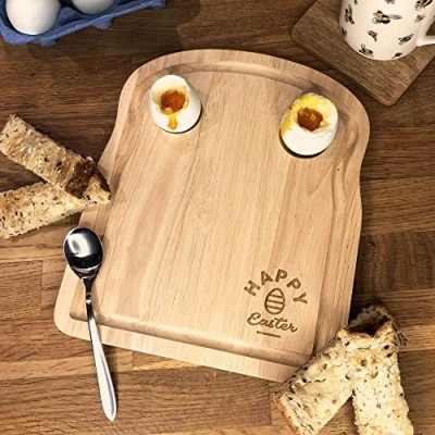 Image of eBuyGB Happy Easter Breakfast Board, Wooden Toast Shaped Serving Board for Egg &amp; Soldiers, Dippy Eggs and Toast, Cup, Gift Kids, Children,Brown