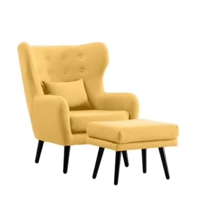 Image of More4Homes WINSLOW WING BACK OCCASIONAL LIVING ROOM BUTTON LINEN FABRIC ACCENT CHAIR w STOOL ARMCHAIR (Mustard)