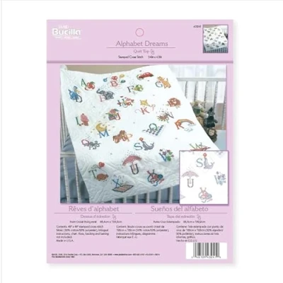 Image of Bucilla Stamped Cross Stitch Baby Quilt Top 34 x 43 inches Alphabet Dreams, Polyester Blend,Cotton, Multi Colored, 1