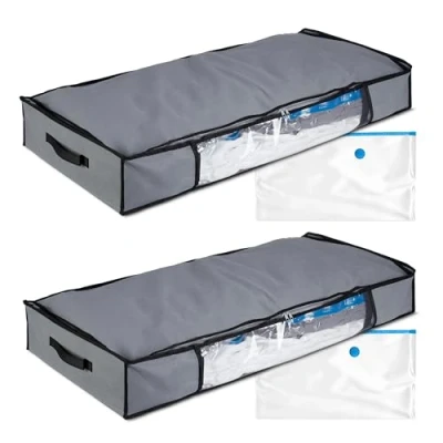 Image of Relaxdays Vacuum, 2X Set Underbed Storage, HxWxD: 15 x 100 45 cm, Clothes &amp; Bed Linen, Bag with Hoover Valve, Grey