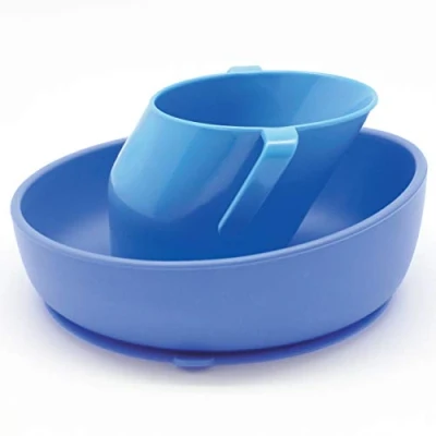 Image of Doidy Cup and Bowl Gift Set, 6 Months +, Silicone Non Slip Suction Open for Training Learning to eat &amp; Drink, weaning Feeding Essentials Baby Food (Blue)