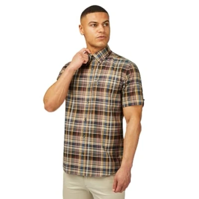 Image of Ben Sherman Big Size Gradient Check Short Sleeve Shirt for Men in Sea, 4XL