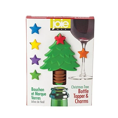 Image of Joie Kitchen Gadgets 49847 Christmas Tree Bottle Topper and Wine Charm 7 Piece Set, Silicone, Multi Colour