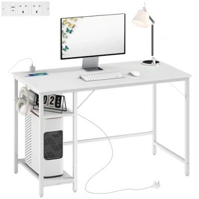 Image of HOMCOM Computer Desk with Power Outlets, 120 x 60 cm Home Office Reversible Storage Shelves and Headphone Hook, Study Table Workstation for Bedroom, White