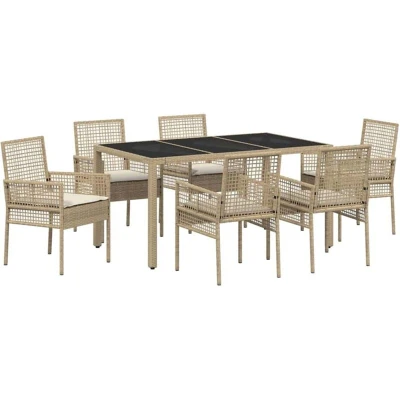 Image of vidaXL 7 Piece Garden Dining Set with Cushions Beige Poly Rattan