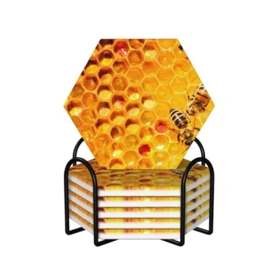 Image of Bee On Honeycomb printed Round Ceramic Coaster Set of 6, Table Drink Coffee Coasters Hexagon 6 Pieces