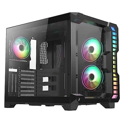 Image of CiT Pro Android X Gaming Cube, ATX Mid Tower Dual Chamber Layout with Tempered Glass Front &amp; Side Panels 3 Infinity ARGB Fans Included Black
