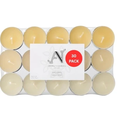 Image of Aroma Naturals London Scented Tealight Candles Bag 4 Hour Burn Time Standard Size D3.77 x H1.45cm Three Tone Coloured Wax &amp; Aluminium Cups Pack of 30 Tea Lights Scent (Vanilla Cream)
