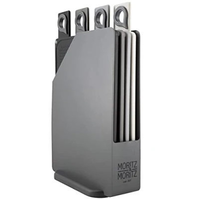 Image of Moritz &amp; 4X Grey Chopping Board Set with Stand 20.5 x 14.5 cm Boards for Kitchens Anti Slip Studs Safe Cutting Handles in a
