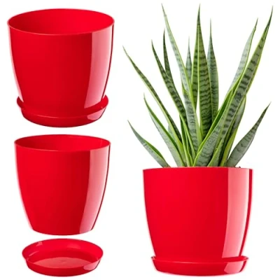 Image of KADAX Plant Pot, Plastic Flowerpot with matching Tray, Indoor Planter in several colours, Lightweight and Waterproof Pot for Office Living Room (⌀12cm, Red)