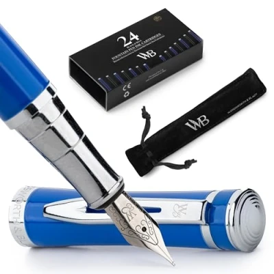 Image of Wordsworth &amp; Black Fountain Pen Set, Medium Nib, Includes 24 Pack Ink Cartridges, Refill Converter Gift Pouch, Chrome Finish, Calligraphy, [Imperial Blue], Perfect for Men Women