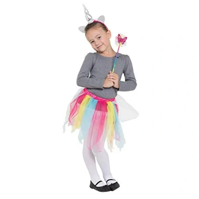Image of Bristol Novelty DS203 Children Costume Rainbow Unicorn Tutu/Headband and Wand Set Multicolor Pack of 1, girls, One Size