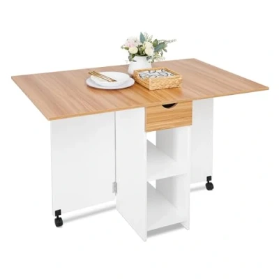 Image of Mondeer Mobile Folding Dining Table, Drop Leaf Table with 1 Drawer and 2 Open Storage Shelves for Small Space Room Kitchen, White &amp; Red oak