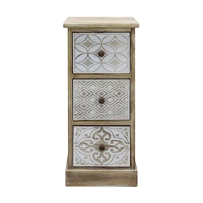 Image of Rebecca Mobili Chest of Drawers 3 Drawer, Shabby Narrow Bedside Table, Beige White Wood, Entrance Room Measurements: 63 x 29 25 cm (HxWxD) Art. RE6535