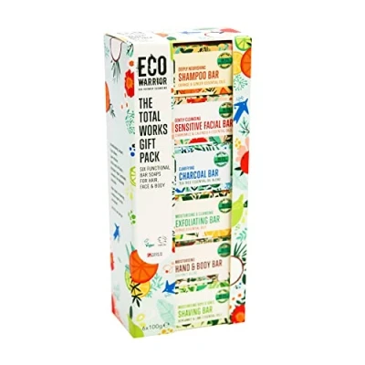 Image of Eco Warrior Total Works Gift Pack Shampoo Bar, Sensitive Face Hand &amp; Body, Charcoal, Exfoliating and Shaving Soap Natural, Friendly, Vegan, Cruelty Free Bars, 100g (Pack of 6)