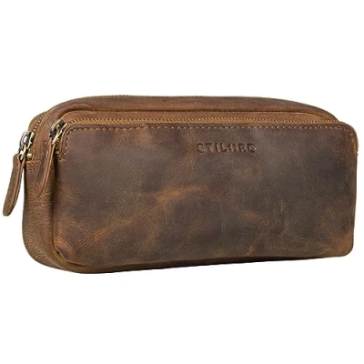 Image of STILORD Melissa Large Genuine Leather Pencil Case, 20 x 9 6 cm, Middle Brown, 110 g, Unisex, Ideal for Stationery, Mobile Phone, Glasses, Cosmetic Bag