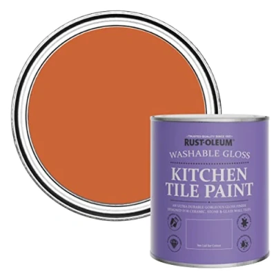 Image of Rust Oleum Orange Water Resistant Kitchen Tile Paint in Gloss Finish Tiger Tea 750ml