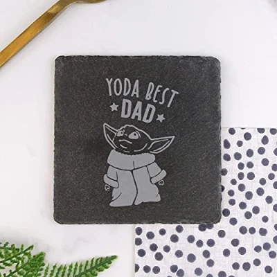 Image of eBuyGB Engraved Drinks Personalised Square Slate Coaster, Baby Yoda Best Dad, Stoneware
