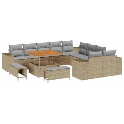 Image of vidaXL 13 Piece Garden Sofa Set with Cushions Beige Poly Rattan Acacia