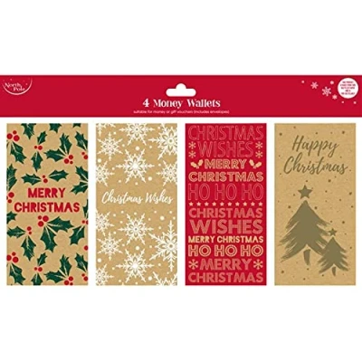 Image of 4 x Christmas Kraft Money Voucher Wallets Cards &amp; Envelopes red gold