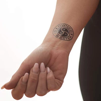 Image of 2 x&quot;OWNED BY MASTER&quot; temporary tattoo lettering in black Fetish kinky BDSM (2)