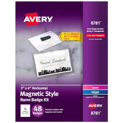 Image of Avery Customizable Name Badges with Magnets, 3&quot; x 4&quot;, Clear Tag Holders White Printable Inserts, 48 Magnetic (8781)