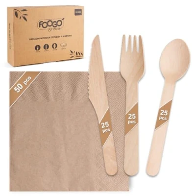 Image of FOOGO Green 125pcs Disposable Wooden Cutlery and Unbleached Brown Napkins, FSC® Certified, 25x Forks, Knives, Spoons, 50x 2 Ply Strong Paper Serviettes, Eco Friendly Set