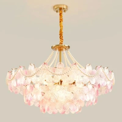 Image of BRRSKBK Girls Chandelier For Bedroom Ceiling Pink Glass Flower Blue Nordic Modern Hanging Pendant Light Fixtures Large Drum Dining Room Table Bathroom Kitchen Foyer