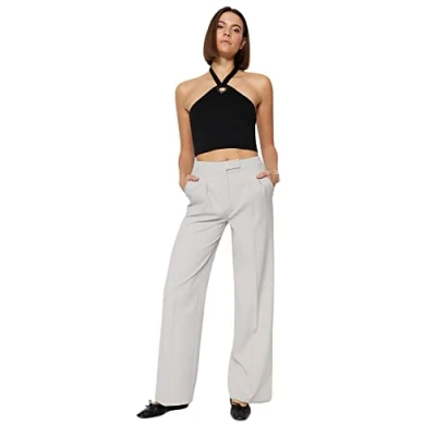 Image of Trendyol Women&#039;s Normal Waist Straight Wide Leg Trousers Pants, Grey, 12