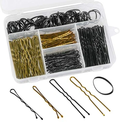 Image of FOCCTS 300 Pcs Bobby Pins &amp; Hair Bands Set Including 200 U Shape Clips and 100 with Storage Box for Female Gold Black