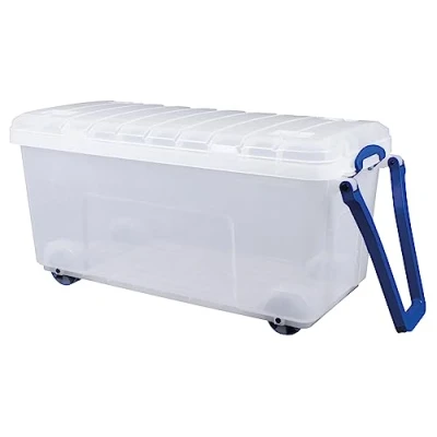 Image of Really Useful Plastic Storage Box 160 Litre Wheeled trunk in Clear (Blue Wheels+Handles)