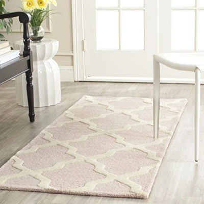 Image of SAFAVIEH Trellis Rug for Living Room, Dining Bedroom Cambridge Collection, Short Pile, in Light Pink and Ivory, 76 X 244 cm