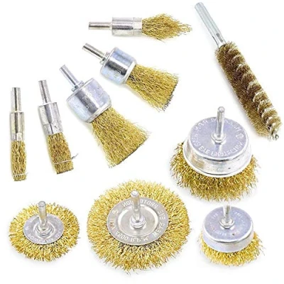 Image of Wire Brushes Drills Set 10 pcs,Brass Coated Brush Wheel, Cup and Tube Kit,10 Sizes Metal with 1/4 Inch Shank for Cleaning Rust,Removing Paint Wood (Gold)