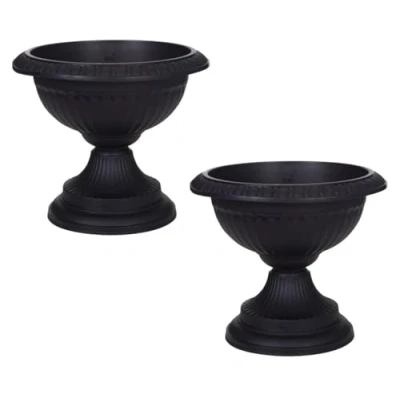 Image of Classical Round Grecian URN Patio Pots 42 CM Flower Planter Outdoor Or Indoor Plant Plastic Base Home Office Garden Wedding Porch Front Door Set Of 2 (BLACK)