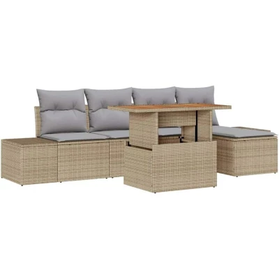 Image of vidaXL 6 Piece Garden Dining Set with Cushions Beige Poly Rattan Acacia