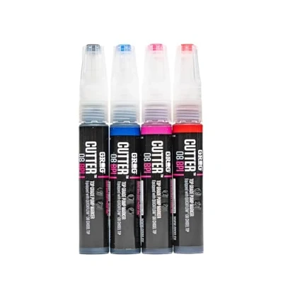 Image of Grog Cutter 08 BPI Buff Proof Ink Marker Bundle, Pack of 4 8mm Gloss Multi Color Graffiti Art Drawing Pens, Fade Resistant Quick Flow Chisel Nib
