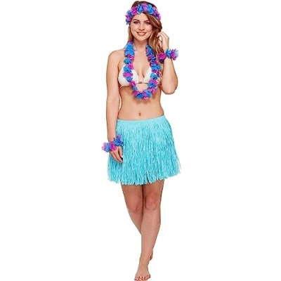 Image of 5pc Hawaiian Accessories Set Grass Skirt and Hula Lei Flower Garland Beach Party Ladies Fancy Dress Costume