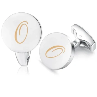Image of HONEY BEAR Initial Alphabet Letter Cufflinks for Men, Silver Round Shape Wedding Business Gifts A Z (O)