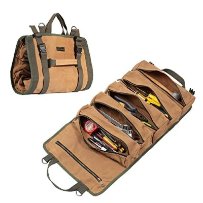 Image of Wrench Tool Roll Bag, Heavy Duty Waxed Canvas Multi Purpose Organize Bag with 6 Zipper Pockets (Khaki)