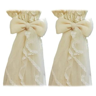 Image of 2 Pcs Lace Bow Curtain Tiebacks Fairy Fabric Tie Straps Elegant Drapery Holdbacks Rope for Home Office Hotel Beige