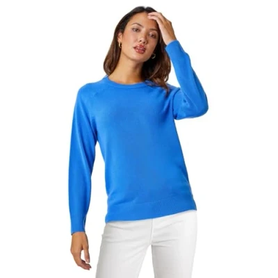 Image of Roman Originals Soft Jumper for Women UK Ladies Winter Autumn Sweater Knit Knitwear Round Crew Neck Top Plain Lightweight Comfy Long Sleeve Split Hem Everyday Daywear Blue Size 12