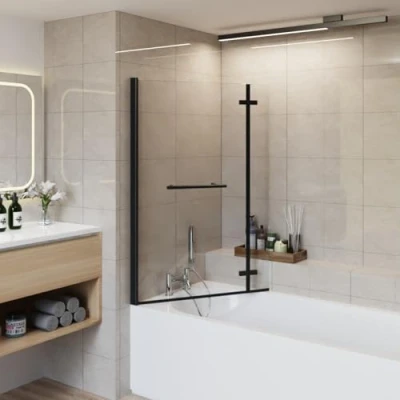 Image of Aquariss 810x1400mm Square Bath Shower Screen 2 Folding Bifold 6mm Safety Glass Easy Clean Panel Frameless 180 Degree Pivot Black with Towel Rail