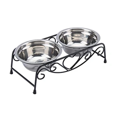 Image of Stainless Steel Double Twin Pet Bowl Stand, Doub Cat Dog Food Water Bowls Feeder Dishes Shelf Retro Iron Stand Raised Feeding Supplies for Kitten Puppy