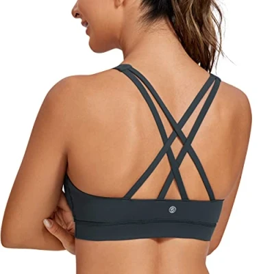 Image of CRZ Yoga Women&#039;s Strappy Back Wirefree Padded Workout Sports Bra Melanite L