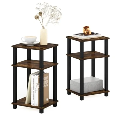 Image of Furinno Just 3 Tier Turn N Tube End Table, Side Nightstand, 2 Pack, Amber Pine/Black