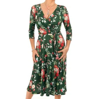 Image of Blue Banana Women&#039;s Printed V Neck Fit &amp; Flare Knee Length Dress Green Print Size 14