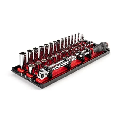 Image of TEKTON 1/4 Inch Drive 12 Point Socket and Ratchet Set with Rails, 35 Piece (4 15 mm) SKT03202